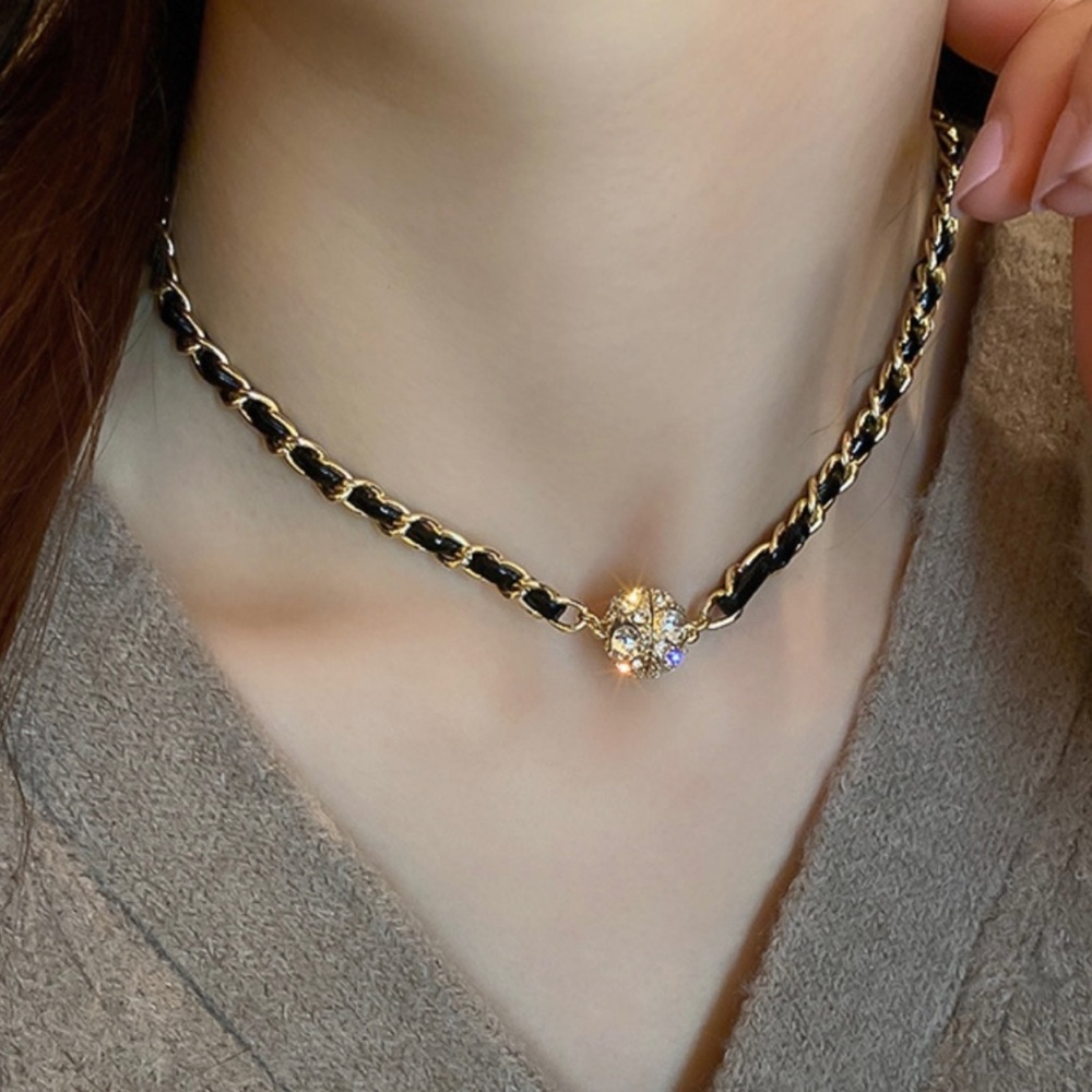 New gold chain leather choker necklace